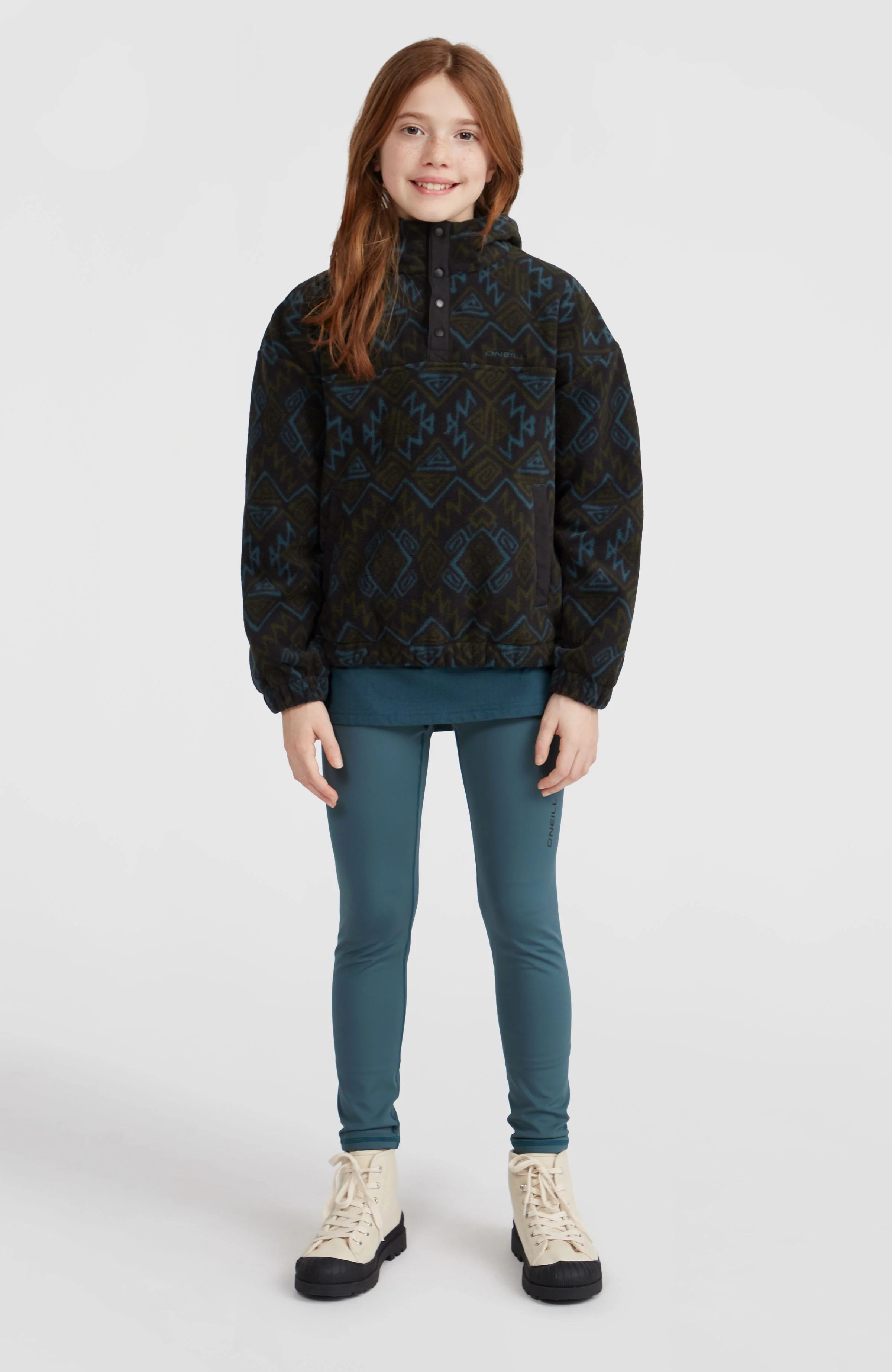 Superfleece hoodie met halve rits | Black Retro Ikat - Image 4